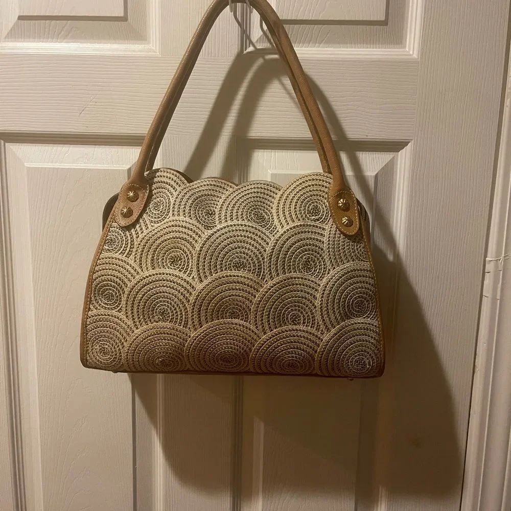 ERIC JAVITS NY Natural Rafia Woven & tan leather straps & Trims Shoulder Bag